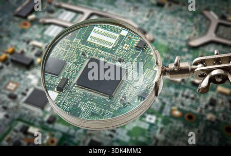 A magnifying glass focuses on a microchip mounted on a circuit board, revealing fine electronic traces and components, symbolizing inspection, precisi Stock Photo