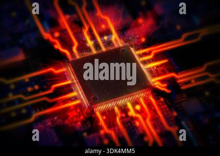 Close-up of a glowing microchip on a circuit board, symbolizing advanced computing, artificial intelligence, and high-performance digital technology. Stock Photo