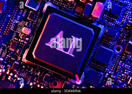 Close-up of an artificial intelligence chip on a glowing circuit board, representing advanced computing, machine learning, and futuristic digital tech Stock Photo