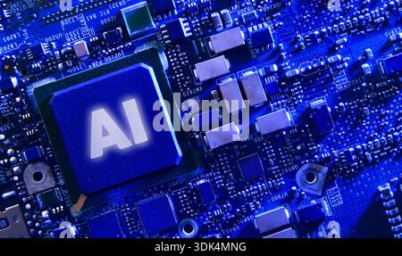 A close-up of an AI-labeled chip embedded in a blue electronic circuit board, surrounded by intricate components and glowing digital details. Stock Photo