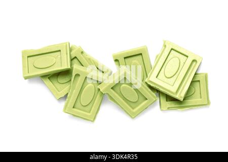 Pieces of sweet matcha chocolate on white background Stock Photo