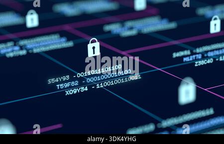 Close up data processing, secure encrypted information, data protection. Close up data processing, secure encrypted information, data protection. Locked binary code data blocks, big data, safety, technology, security software, firewall. img technology099s05 abstract digital board data protection Stock Photo