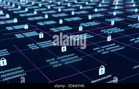 Close up data grid, information processing, network, secure encrypted data in process, data protection. Close up data grid, information processing, network, secure encrypted data in process, data protection. Locked binary code data blocks, big data, safety, technology, security software, firewall. img technology099s02 abstract digital board data protection Stock Photo