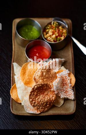Indian snacks with dips Stock Photo