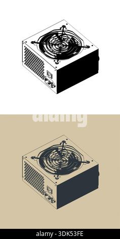 Computer power supply stylized isometric vector illustrations Stock Vector