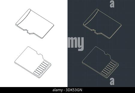 Micro SD card isometric drawings stylized vector illustrations Stock Vector