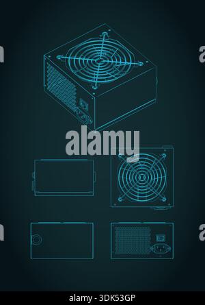 Computer power supply blueprints stylized vector illustration Stock Vector