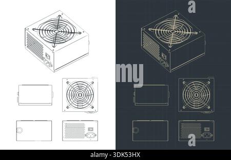 Computer power supply drawings stylized vector illustrations Stock Vector