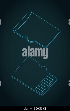 Micro SD card isometric blueprints stylized vector illustration Stock Vector