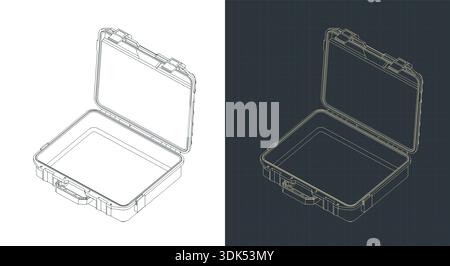 Durable plastic case for tools or other equipment isometric drawings stylized vector illustrations Stock Vector