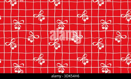 Cherries and Bows Pattern on Red Grid Vector Seamless Pattern, Girly Coquette for Valentines Day Love Gift Wrapping or Greeting Cards, Fabric Textile Stock Vector