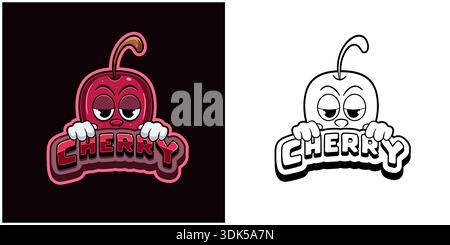 Cherry fruit cartoon logo with  text and a high expression. Full color and black and white design. Design for  For Sticker, Label, Cover, Packaging, t Stock Vector