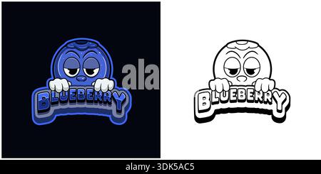 Blueberry fruit cartoon logo with  text and a high expression. Full color and black and white design. Stock Vector