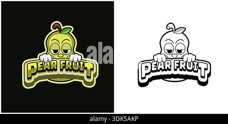 Pear fruit cartoon logo with  text and a high expression. Full color and black and white design. Design for  For Sticker, Label, Cover, Packaging, tsh Stock Vector