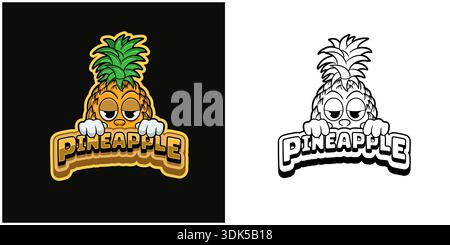 Pineapple fruit cartoon logo with  text and a high expression. Full color and black and white design. Design for  For Sticker, Label, Cover, Packaging Stock Vector