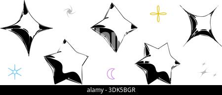 Black y2k stars abstract shapes in 3d inflated style. Grunge balloon icon set for poster, banner, collage, flyer, streetwear, party print. Techno star design element collection. Vector urban bundle Stock Vector