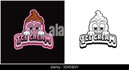 Ice Cream cartoon logo with text and a high expression. Full color and black and white design Stock Vector