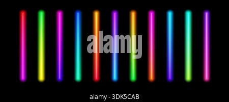 Bright gradient neon tube lamp set. Iridescent led light line beam collection. Shiny luminous fluorescent bar sticks. Glowing colorful strip element pack to divide, separate, decorate. Vector Stock Vector