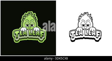 Tea Leaf cartoon logo with text and a high expression. Full color and black and white design Stock Vector