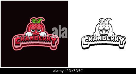 Cranberry fruit cartoon logo with text and a high expression. Full color and black and white design Stock Vector