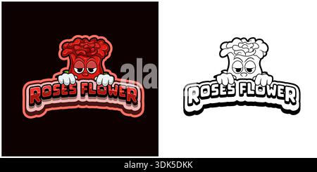 Roses Flower cartoon logo with text and a high expression. Full color and black and white design Stock Vector