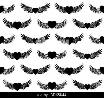 Seamless pattern with winged hearts in black silhouette. Romantic symbolic design for wallpapers, textiles, wrapping paper, Valentine Day cards, fashi Stock Vector