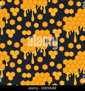 Seamless honeycomb pattern with dripping honey shapes on dark background. Sweet organic design for food packaging, beekeeping branding, wallpapers, te Stock Vector
