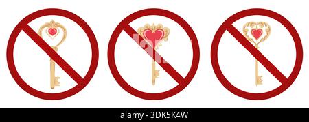 No entry icons with heart-shaped keys crossed out by red prohibition sign. Flat vector symbols for signs, UI, warnings, infographics, relationship con Stock Vector