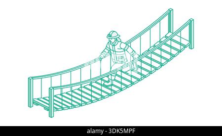 Isometric outline firefighter running across a rope suspension bridge. Vector illustration. Line art style. Isolated on a white background. Suitable f Stock Vector