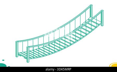 Isometric outline rope suspension bridge with wooden planks and railings. Vector illustration. Isolated on a white background. Suitable for maps, info Stock Vector