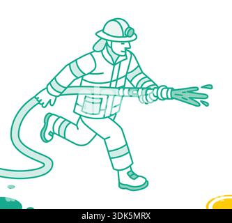 Isometric outline firefighter using a fire hose nozzle. Vector illustration. Emergency response, fire suppression, rescue work, and safety services. M Stock Vector