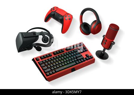 Gaming accessories including VR headset, RGB keyboard, headphones, and microphone shown isolated on white background with clipping path, tech concept Stock Photo