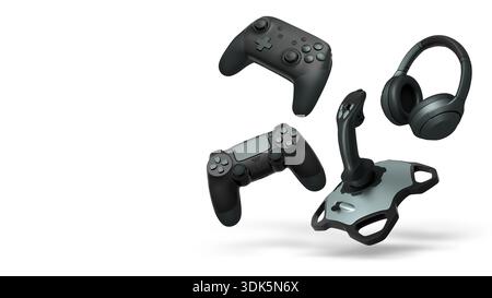 Floating gaming accessories like controllers, joystick, and headphones isolated on white background with clipping path, concept of gaming Stock Photo