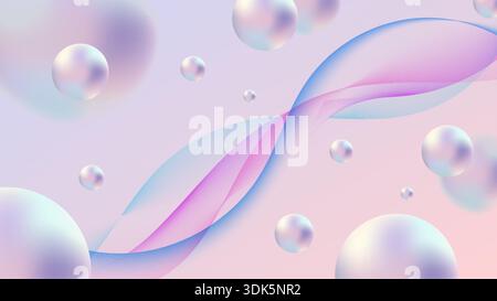 3D abstract featuring iridescent spheres and flowing lines on a soft pastel background for futuristic digital branding Stock Vector