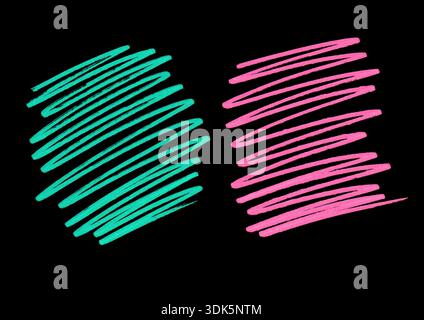 Set of two spots of chaotic strokes. Turquoise and pink color. Isolated on a black background. The lines have a texture. Sample of a marker or felt ti Stock Photo