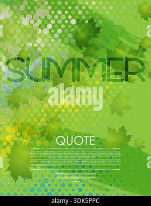 Green modern summer poster background with maple leaves and geometric hexagonal pattern. Vector seasonal flyer design Stock Vector