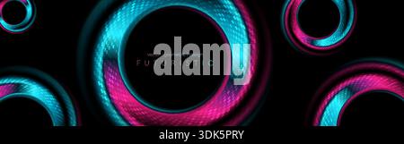 Blue purple glossy smooth rings with circular dotted lines abstract tech background. Futuristic glowing vector design Stock Vector