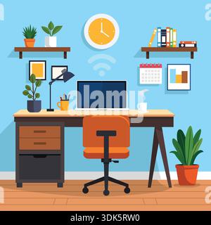 Smart home office illustration with laptop, WiFi symbol, wall clock, calendar and organized shelves. Flat vector design representing connected workspa Stock Vector