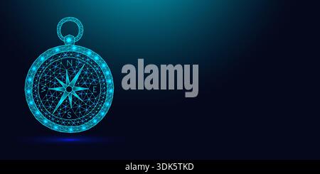 Low poly wireframe magnetic compass on dark blue background. Stock Vector
