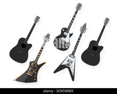 Set of electric and acoustic guitars with unique body shapes isolated on white background, concept of music variety. Stock Photo