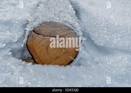 A solitary wooden log lies covered in a thick layer of glistening snow, surrounded by shimmering frost on a chilly winter morning. Stock Photo