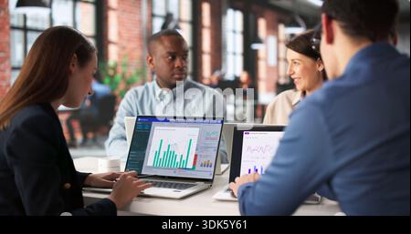 Virtual Business Team Meeting Utilizing Personalized Data Analytics Dashboard Tool. Stock Photo