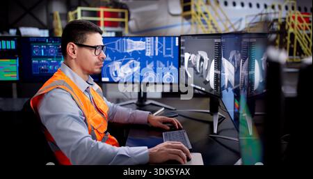 Aerospace Maintenance Technician Developing 3D Aircraft Parts On Computer Screen Stock Photo