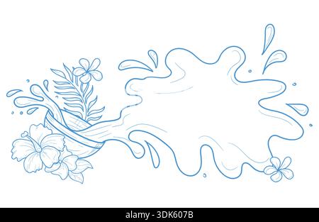 Songkran festival, festive cheerful card. Bowl with water and flowers, palm leaves and water splashes isolated on white background. Happy water thai n Stock Vector