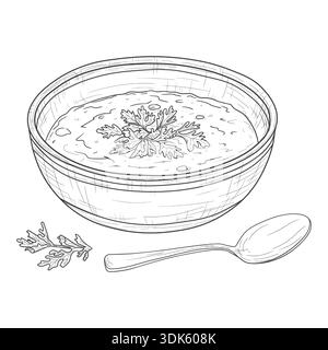 Lentil soup with herbs in a porcelain plate, sketch. Vector illustration. Delicious dinner, drawing isolated on a white background. The concept of hea Stock Vector