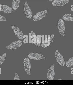 Bird wings, seamless pattern. Vector illustration. White angel or dove of peace wings isolated on a gray background. Suitable for tattoos, t-shirts, s Stock Vector