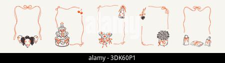 Set of cute coquettish happy Birthday frames. Whimsical freehand crayon drawing French, Parisian, Italian bachelorette party, wedding invitation, rest Stock Vector