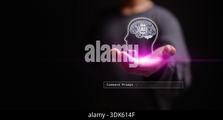 Artificial intelligence concept for children. A kid holds a glowing AI digital brain. Technology, tool, and assistance for child digital learning. pro Stock Photo