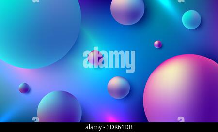 vibrant 3D abstract background glowing neon spheres in purple, pink, and blue floating in a fluid gradient space. tech event banners show innovation Stock Vector