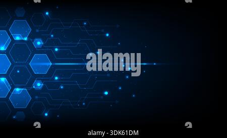 Innovative digital technology background glowing blue hexagons and circuit arrows on dark gradient data flows futuristic network for global tech commu Stock Vector